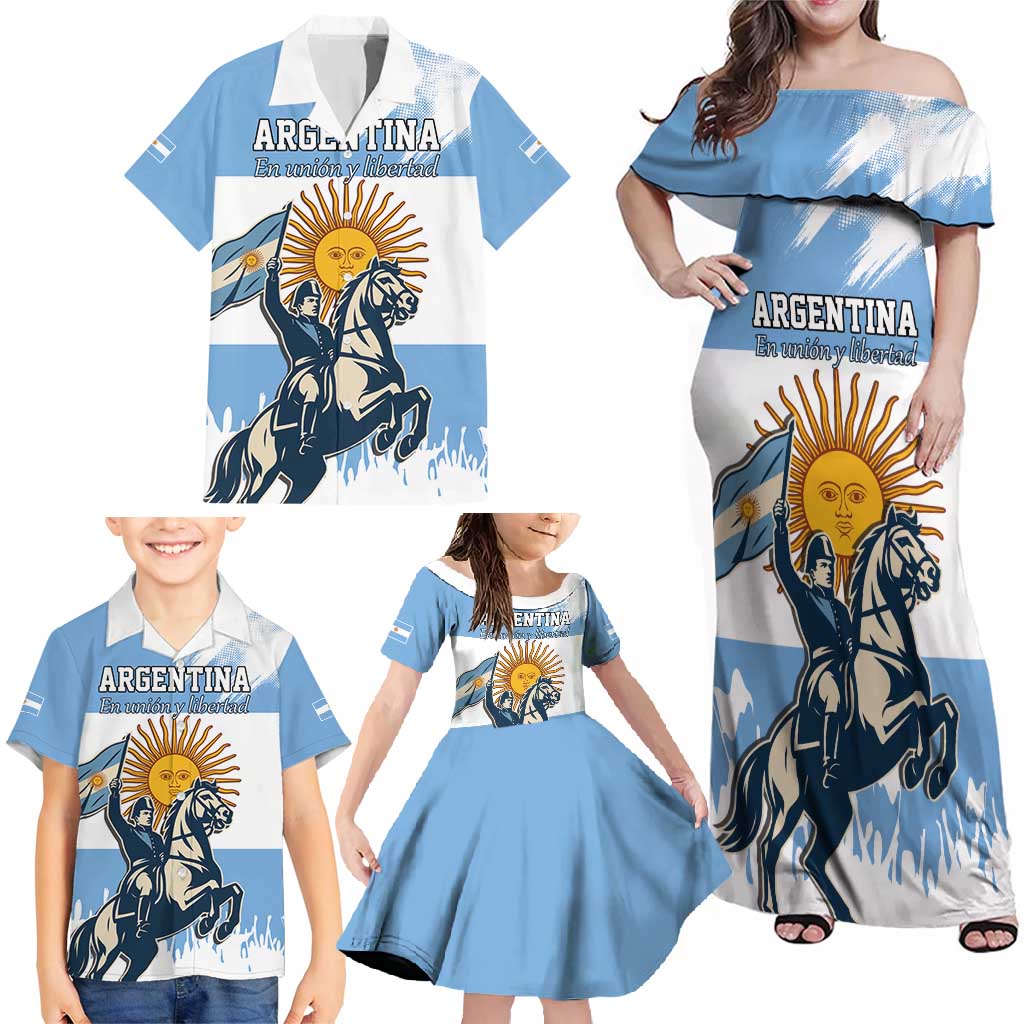 Personalized Argentina Flag Day 20th June Family Matching Off Shoulder Maxi Dress and Hawaiian Shirt Manuel Belgrano