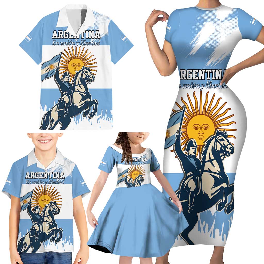 Personalized Argentina Flag Day 20th June Family Matching Short Sleeve Bodycon Dress and Hawaiian Shirt Manuel Belgrano