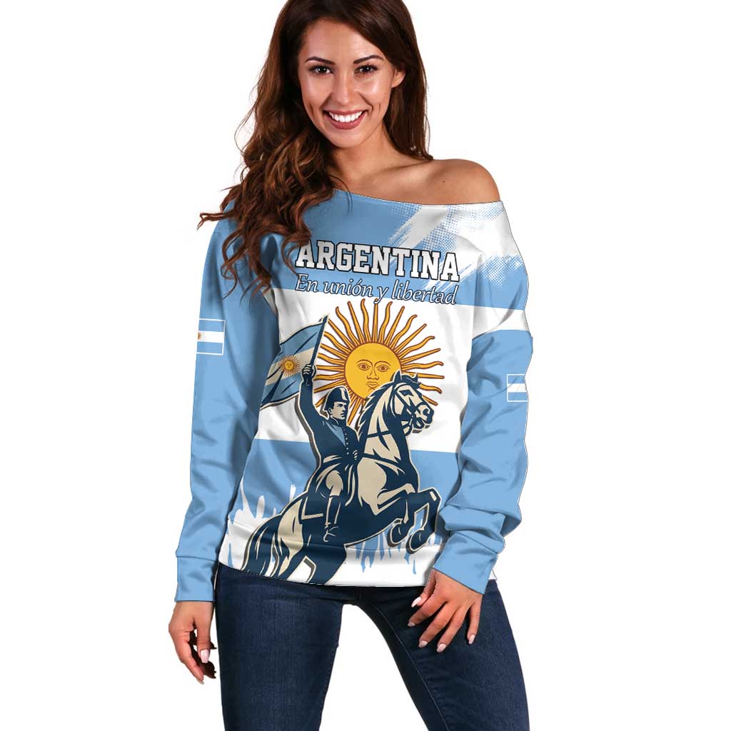 Personalized Argentina Flag Day 20th June Off Shoulder Sweater Manuel Belgrano