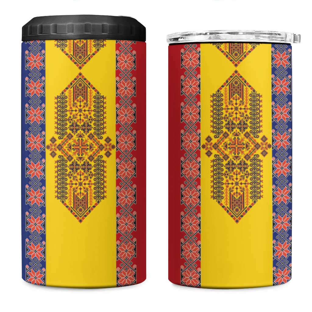 Romania National Flag Day 26th June 4 in 1 Can Cooler Tumbler Red Traditional Embroidery Patterns