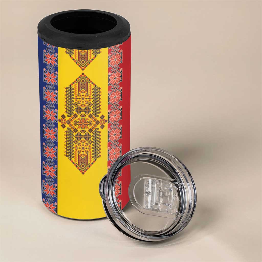 Romania National Flag Day 26th June 4 in 1 Can Cooler Tumbler Red Traditional Embroidery Patterns