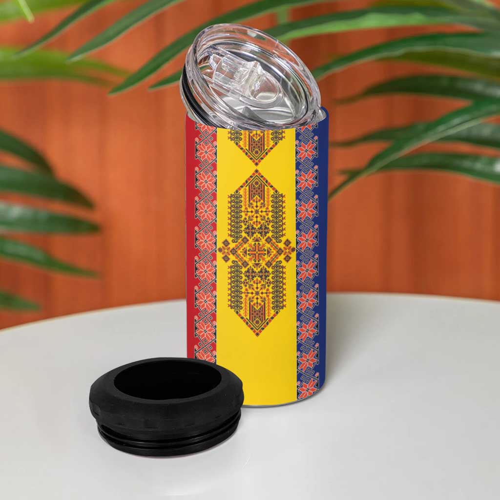 Romania National Flag Day 26th June 4 in 1 Can Cooler Tumbler Red Traditional Embroidery Patterns