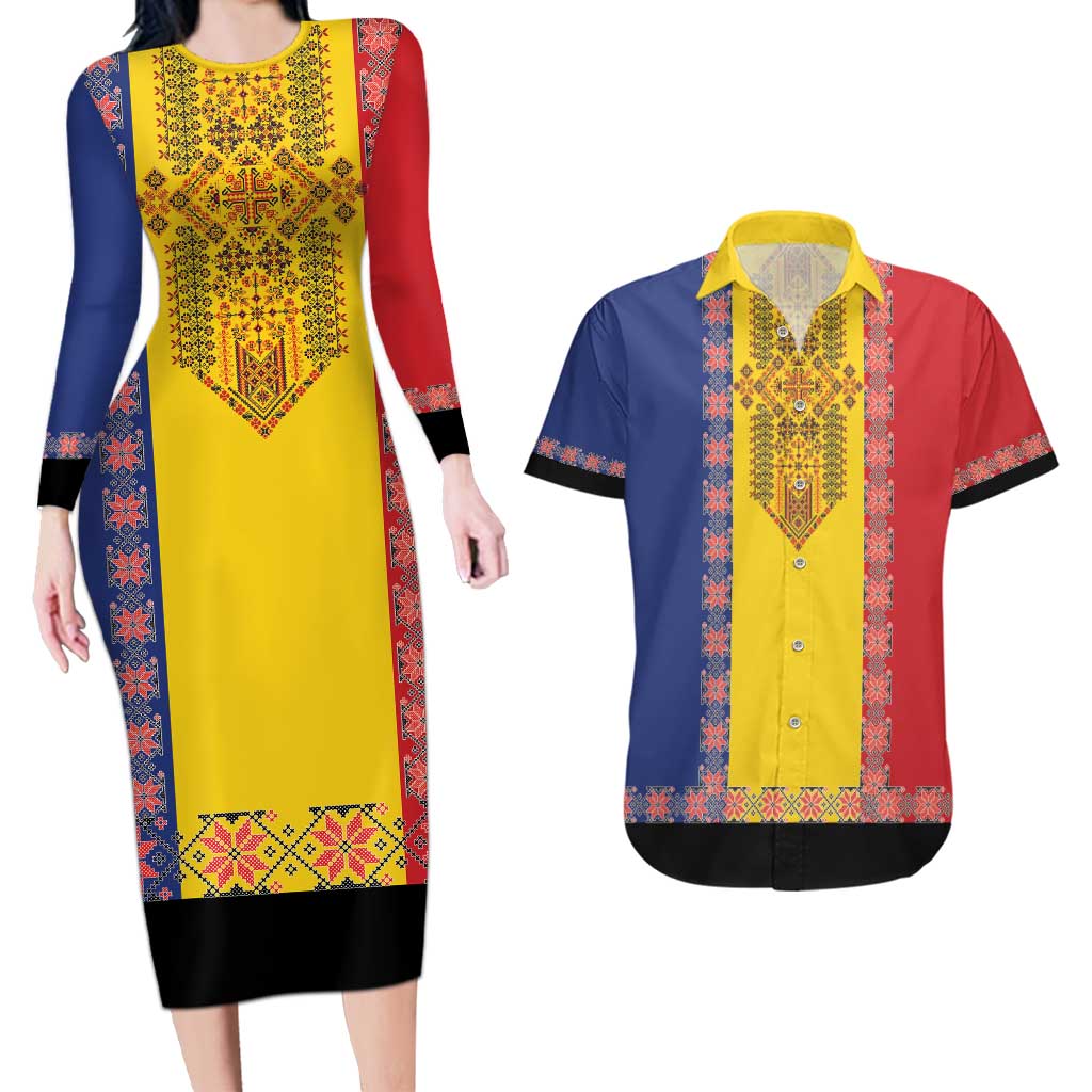 Romania National Flag Day 26th June Couples Matching Long Sleeve Bodycon Dress and Hawaiian Shirt Red Traditional Embroidery Patterns