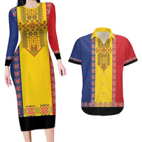 Romania National Flag Day 26th June Couples Matching Long Sleeve Bodycon Dress and Hawaiian Shirt Red Traditional Embroidery Patterns
