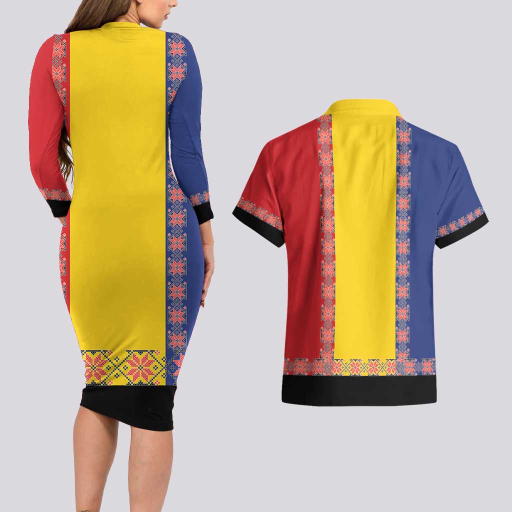 Romania National Flag Day 26th June Couples Matching Long Sleeve Bodycon Dress and Hawaiian Shirt Red Traditional Embroidery Patterns