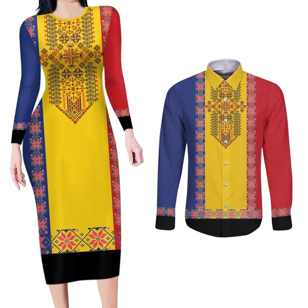 Romania National Flag Day 26th June Couples Matching Long Sleeve Bodycon Dress and Long Sleeve Button Shirt Red Traditional Embroidery Patterns