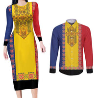 Romania National Flag Day 26th June Couples Matching Long Sleeve Bodycon Dress and Long Sleeve Button Shirt Red Traditional Embroidery Patterns
