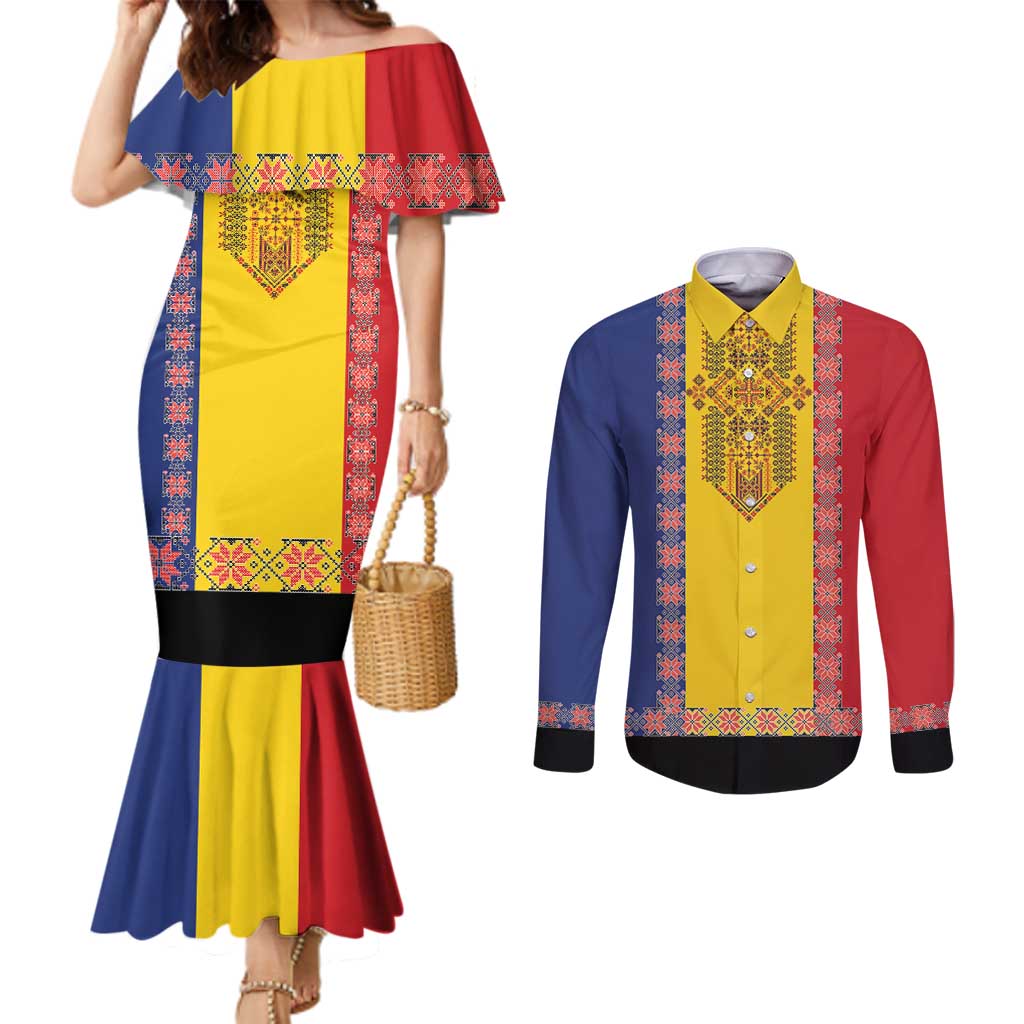 Romania National Flag Day 26th June Couples Matching Mermaid Dress and Long Sleeve Button Shirt Red Traditional Embroidery Patterns