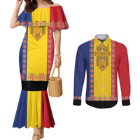 Romania National Flag Day 26th June Couples Matching Mermaid Dress and Long Sleeve Button Shirt Red Traditional Embroidery Patterns