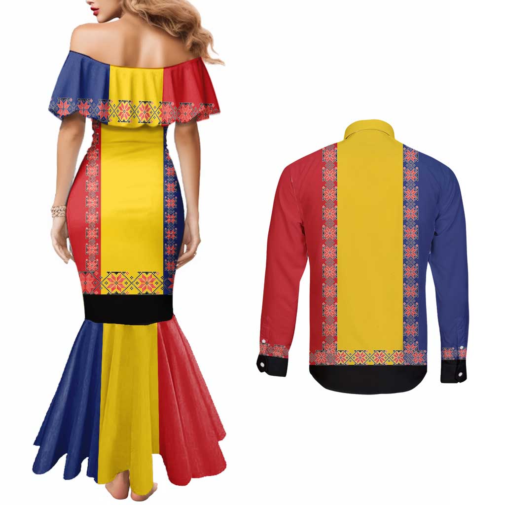 Romania National Flag Day 26th June Couples Matching Mermaid Dress and Long Sleeve Button Shirt Red Traditional Embroidery Patterns