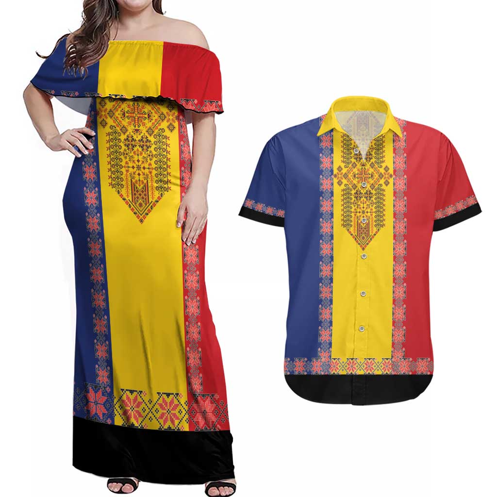 Romania National Flag Day 26th June Couples Matching Off Shoulder Maxi Dress and Hawaiian Shirt Red Traditional Embroidery Patterns