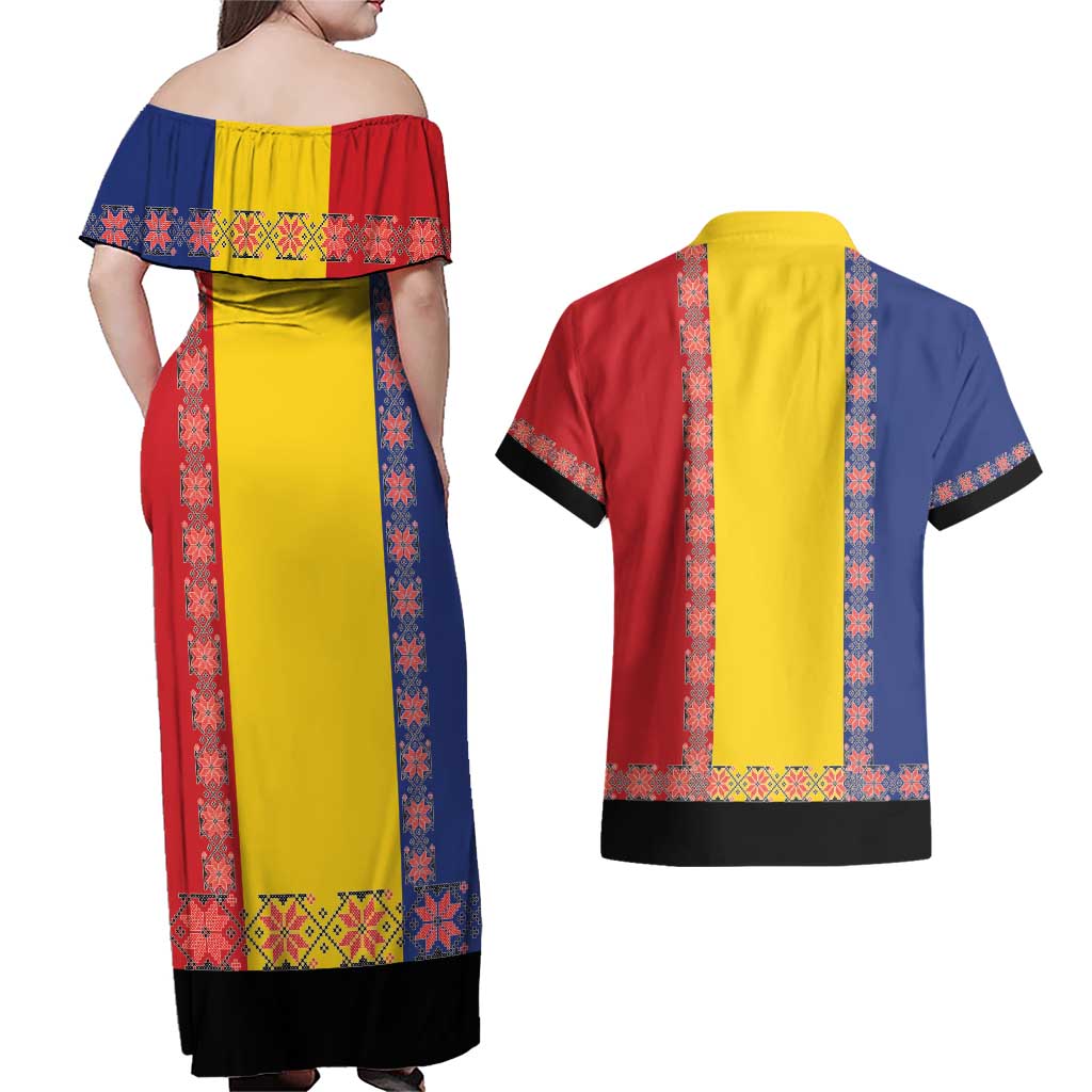 Romania National Flag Day 26th June Couples Matching Off Shoulder Maxi Dress and Hawaiian Shirt Red Traditional Embroidery Patterns