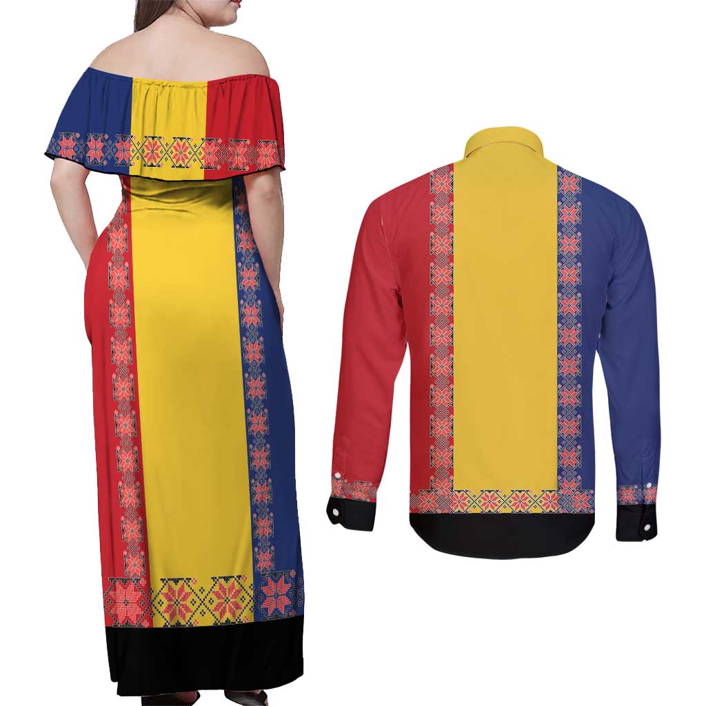 Romania National Flag Day 26th June Couples Matching Off Shoulder Maxi Dress and Long Sleeve Button Shirt Red Traditional Embroidery Patterns