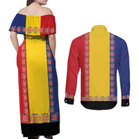 Romania National Flag Day 26th June Couples Matching Off Shoulder Maxi Dress and Long Sleeve Button Shirt Red Traditional Embroidery Patterns