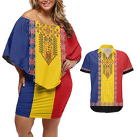 Romania National Flag Day 26th June Couples Matching Off Shoulder Short Dress and Hawaiian Shirt Red Traditional Embroidery Patterns
