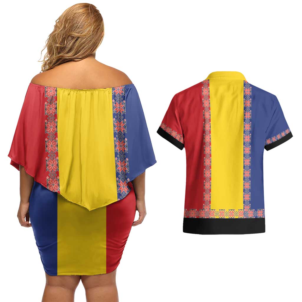 Romania National Flag Day 26th June Couples Matching Off Shoulder Short Dress and Hawaiian Shirt Red Traditional Embroidery Patterns