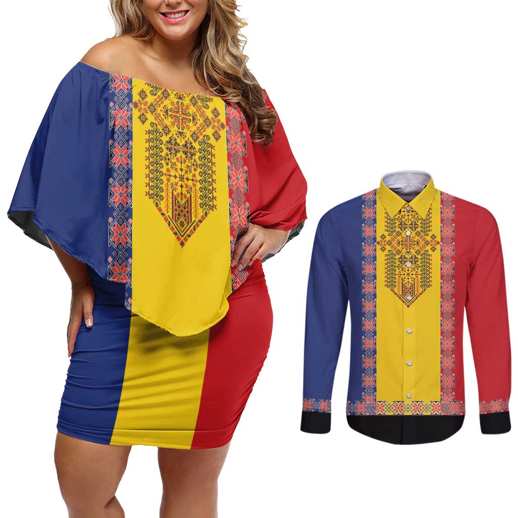 Romania National Flag Day 26th June Couples Matching Off Shoulder Short Dress and Long Sleeve Button Shirt Red Traditional Embroidery Patterns