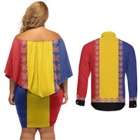 Romania National Flag Day 26th June Couples Matching Off Shoulder Short Dress and Long Sleeve Button Shirt Red Traditional Embroidery Patterns