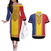 Romania National Flag Day 26th June Couples Matching Off The Shoulder Long Sleeve Dress and Hawaiian Shirt Red Traditional Embroidery Patterns