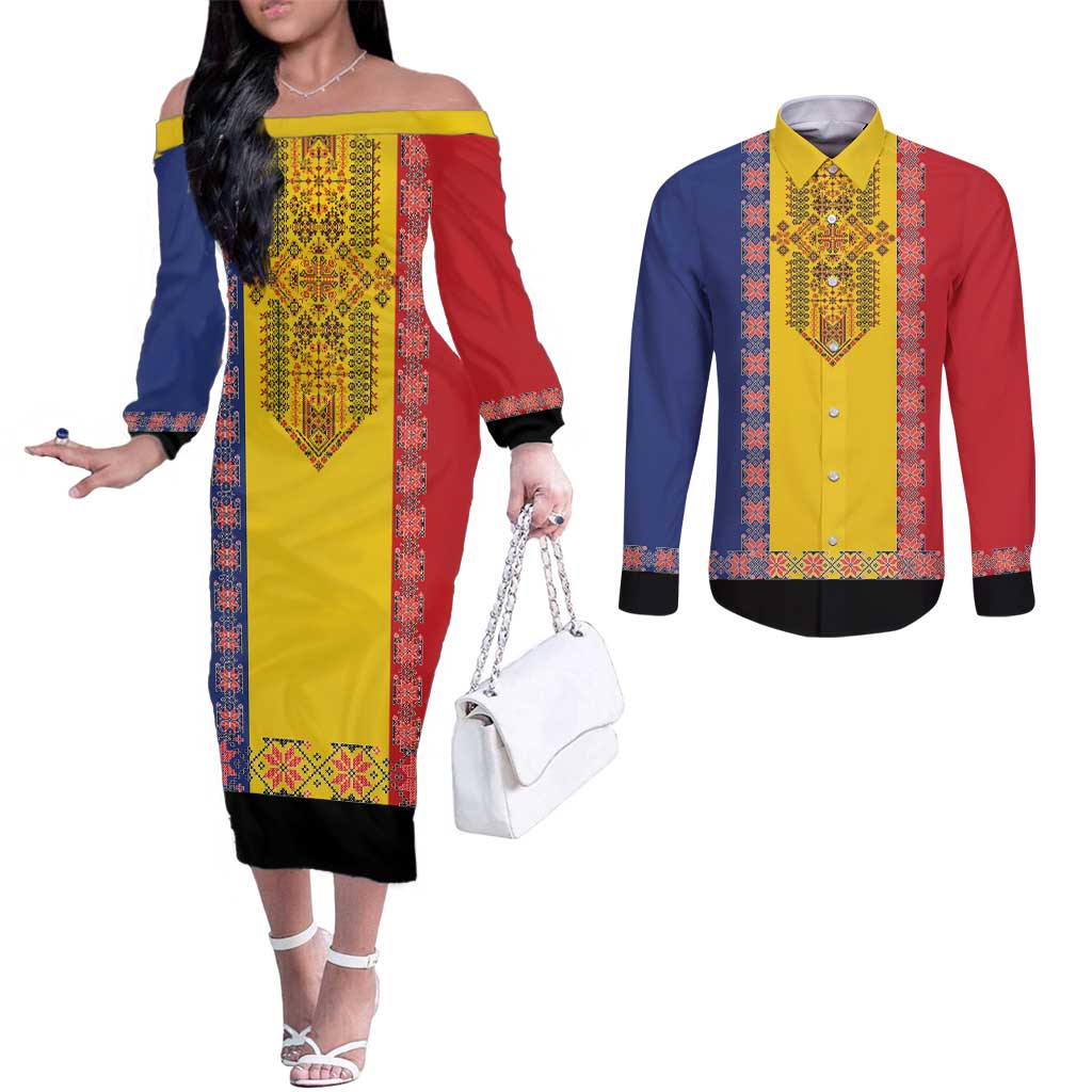Romania National Flag Day 26th June Couples Matching Off The Shoulder Long Sleeve Dress and Long Sleeve Button Shirt Red Traditional Embroidery Patterns