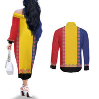 Romania National Flag Day 26th June Couples Matching Off The Shoulder Long Sleeve Dress and Long Sleeve Button Shirt Red Traditional Embroidery Patterns