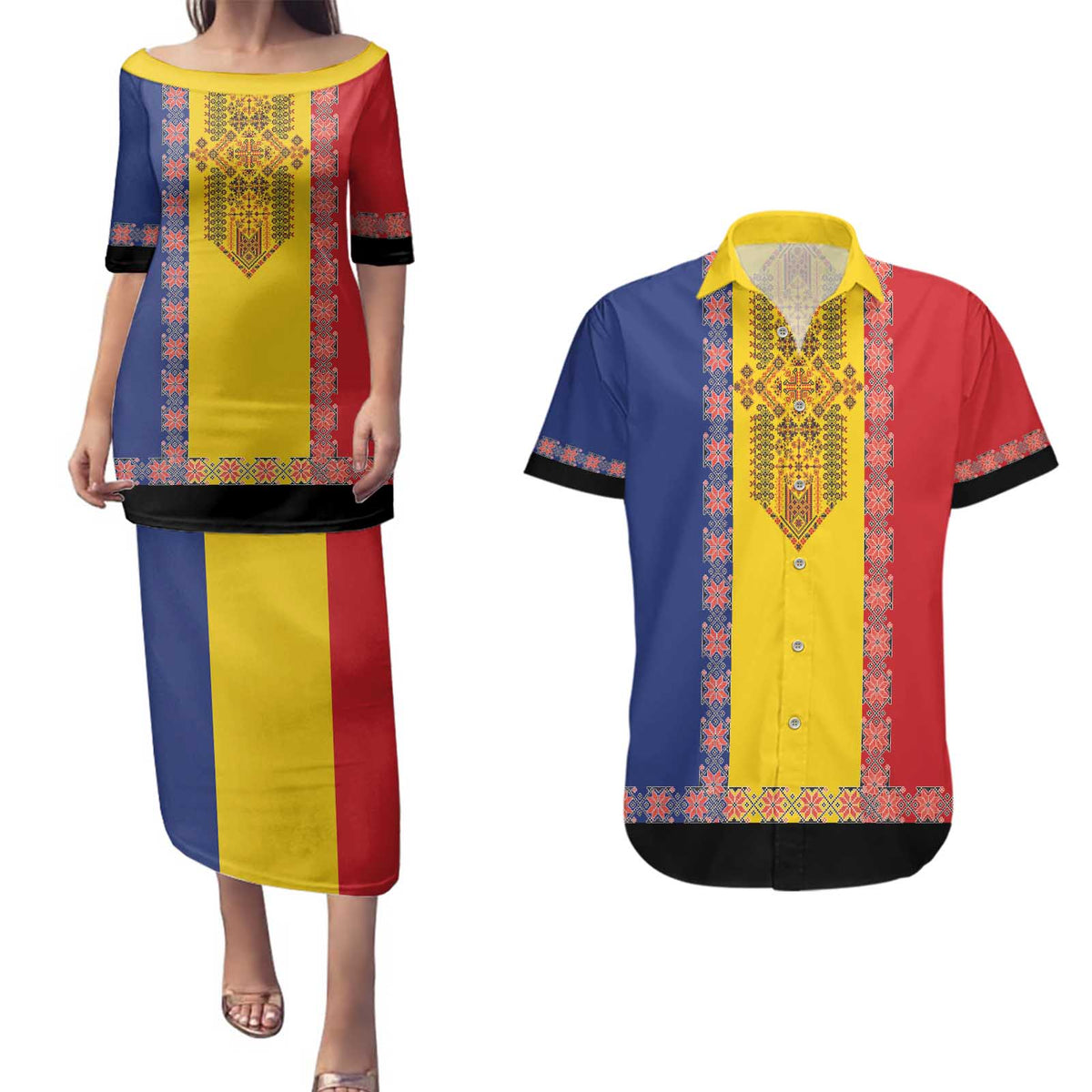 Romania National Flag Day 26th June Couples Matching Puletasi and Hawaiian Shirt Red Traditional Embroidery Patterns