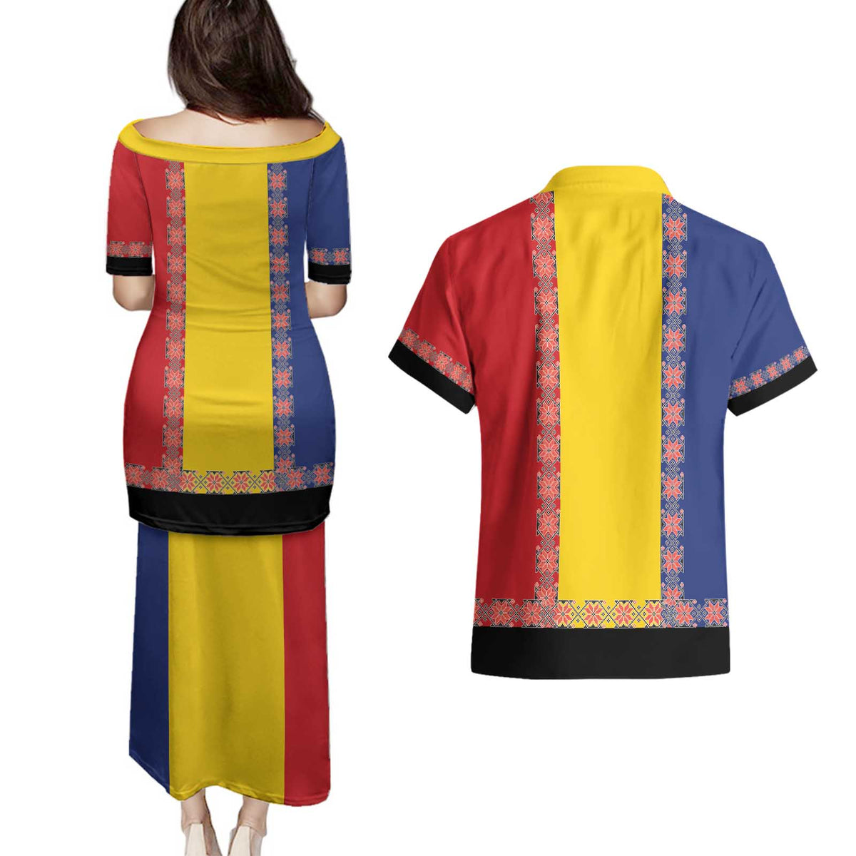 Romania National Flag Day 26th June Couples Matching Puletasi and Hawaiian Shirt Red Traditional Embroidery Patterns