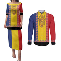 Romania National Flag Day 26th June Couples Matching Puletasi and Long Sleeve Button Shirt Red Traditional Embroidery Patterns