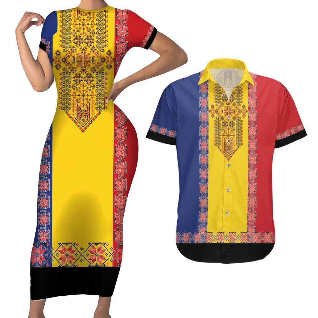 Romania National Flag Day 26th June Couples Matching Short Sleeve Bodycon Dress and Hawaiian Shirt Red Traditional Embroidery Patterns