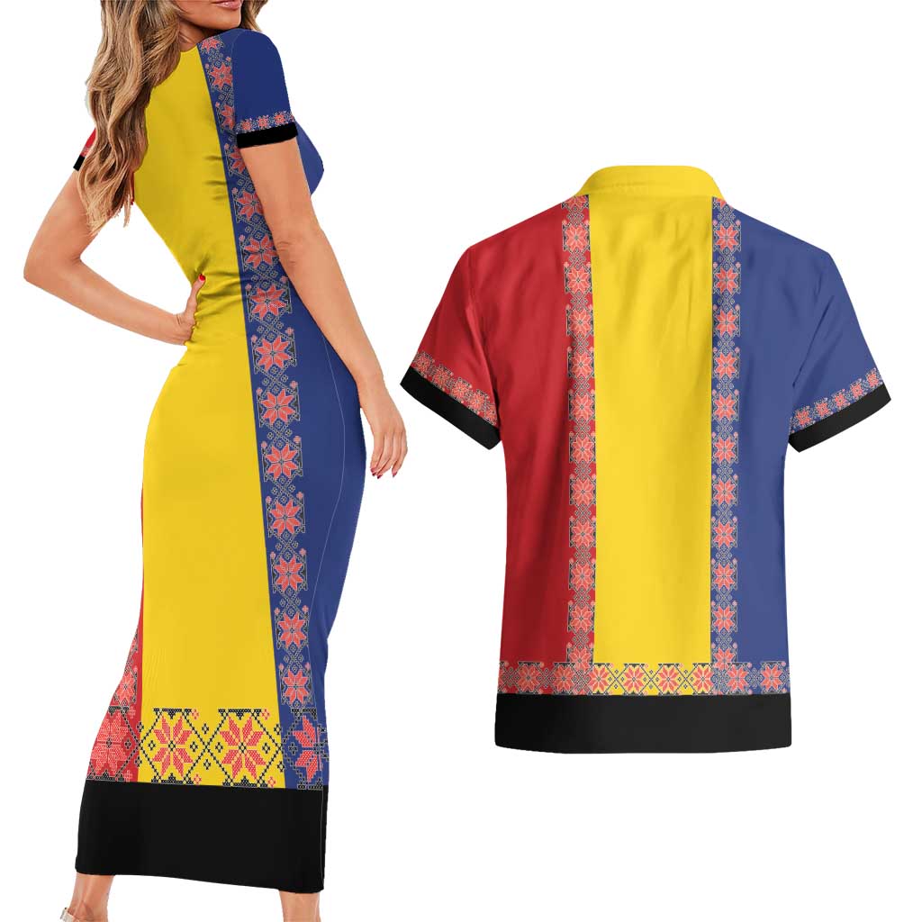 Romania National Flag Day 26th June Couples Matching Short Sleeve Bodycon Dress and Hawaiian Shirt Red Traditional Embroidery Patterns