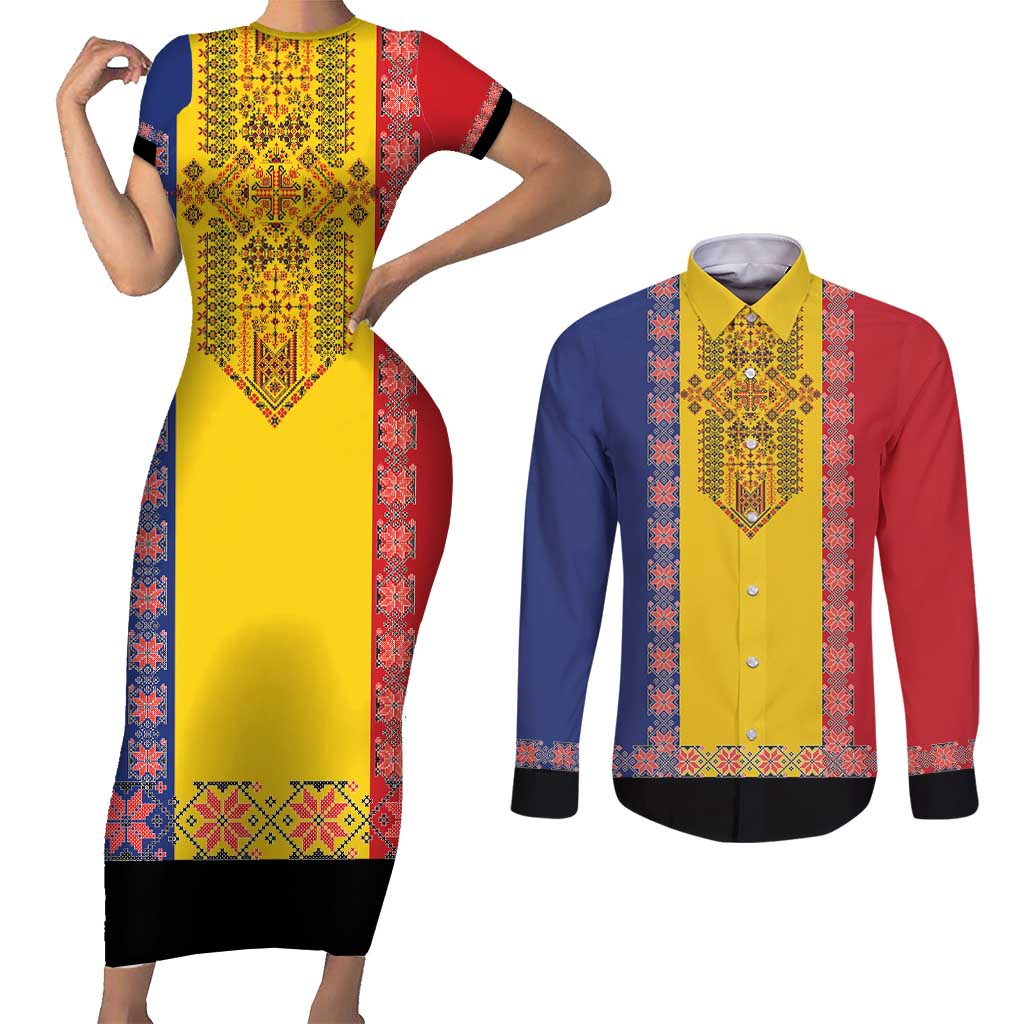 Romania National Flag Day 26th June Couples Matching Short Sleeve Bodycon Dress and Long Sleeve Button Shirt Red Traditional Embroidery Patterns