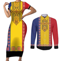 Romania National Flag Day 26th June Couples Matching Short Sleeve Bodycon Dress and Long Sleeve Button Shirt Red Traditional Embroidery Patterns
