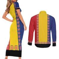 Romania National Flag Day 26th June Couples Matching Short Sleeve Bodycon Dress and Long Sleeve Button Shirt Red Traditional Embroidery Patterns