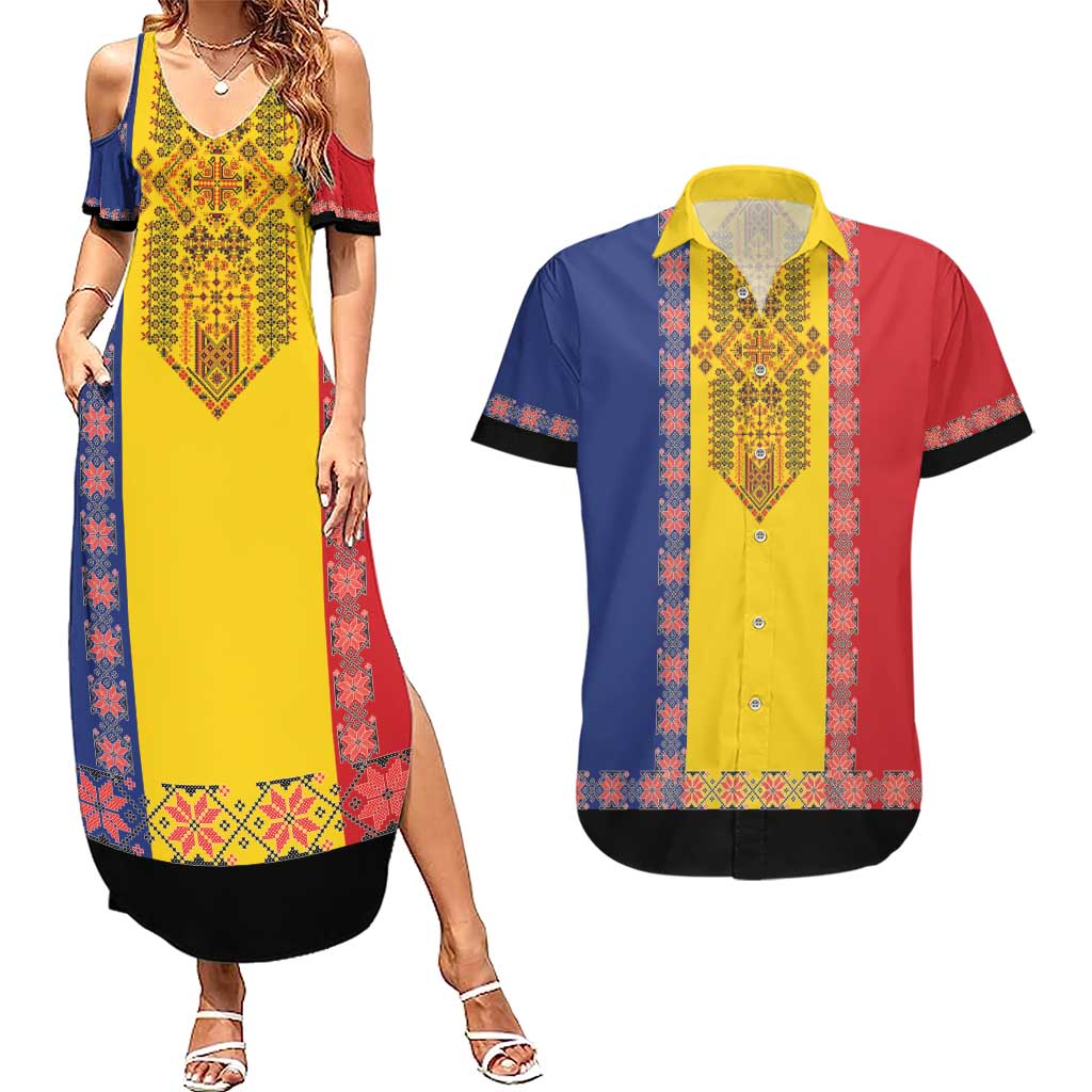 Romania National Flag Day 26th June Couples Matching Summer Maxi Dress and Hawaiian Shirt Red Traditional Embroidery Patterns