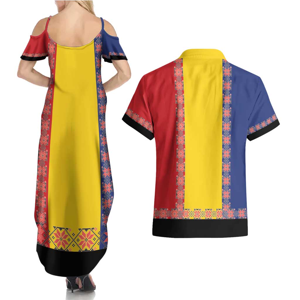 Romania National Flag Day 26th June Couples Matching Summer Maxi Dress and Hawaiian Shirt Red Traditional Embroidery Patterns