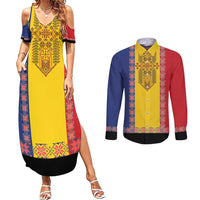 Romania National Flag Day 26th June Couples Matching Summer Maxi Dress and Long Sleeve Button Shirt Red Traditional Embroidery Patterns