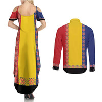 Romania National Flag Day 26th June Couples Matching Summer Maxi Dress and Long Sleeve Button Shirt Red Traditional Embroidery Patterns