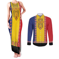 Romania National Flag Day 26th June Couples Matching Tank Maxi Dress and Long Sleeve Button Shirt Red Traditional Embroidery Patterns