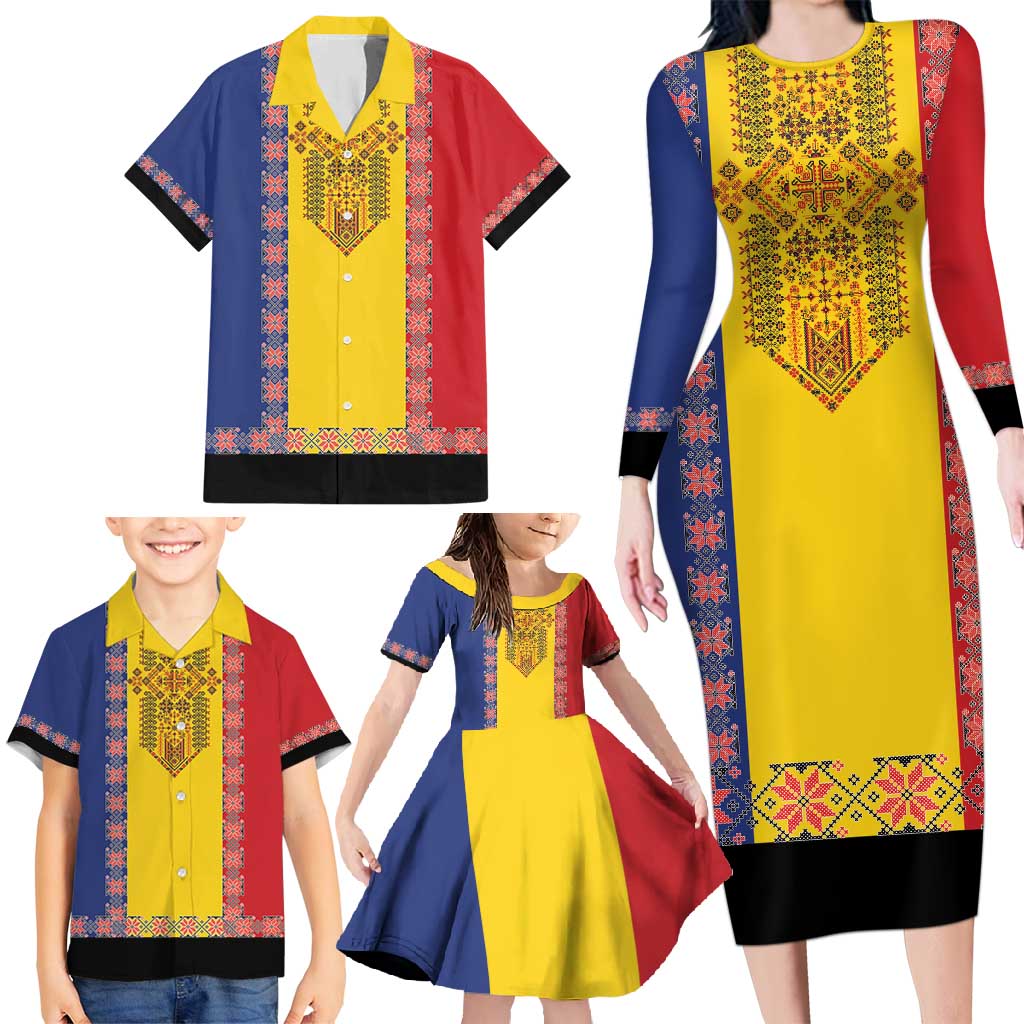 Romania National Flag Day 26th June Family Matching Long Sleeve Bodycon Dress and Hawaiian Shirt Red Traditional Embroidery Patterns