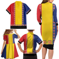 Romania National Flag Day 26th June Family Matching Long Sleeve Bodycon Dress and Hawaiian Shirt Red Traditional Embroidery Patterns