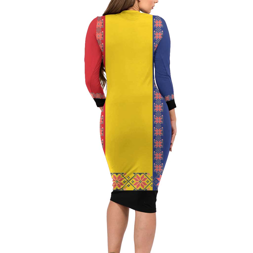 Romania National Flag Day 26th June Family Matching Long Sleeve Bodycon Dress and Hawaiian Shirt Red Traditional Embroidery Patterns