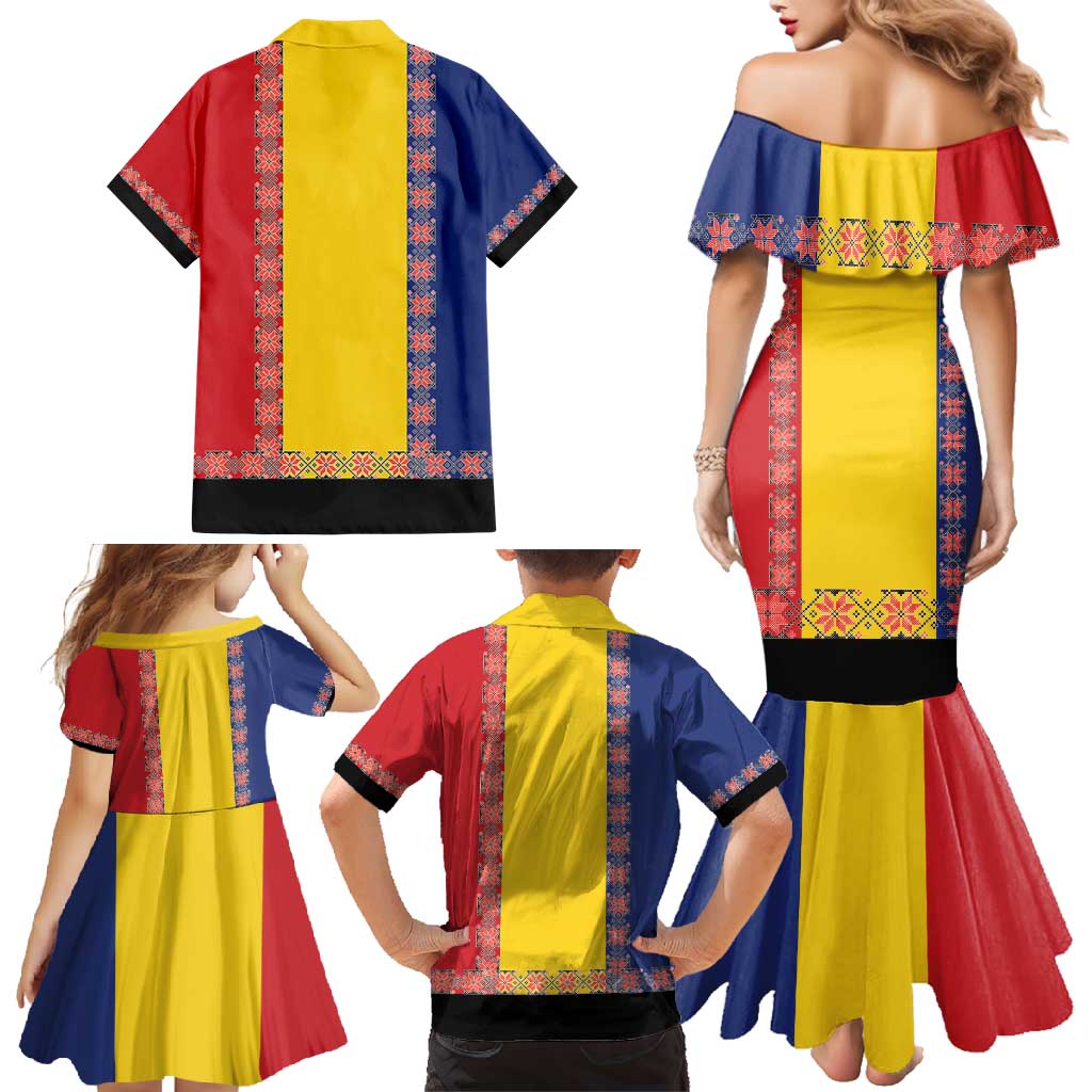Romania National Flag Day 26th June Family Matching Mermaid Dress and Hawaiian Shirt Red Traditional Embroidery Patterns