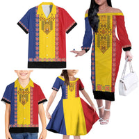 Romania National Flag Day 26th June Family Matching Off The Shoulder Long Sleeve Dress and Hawaiian Shirt Red Traditional Embroidery Patterns