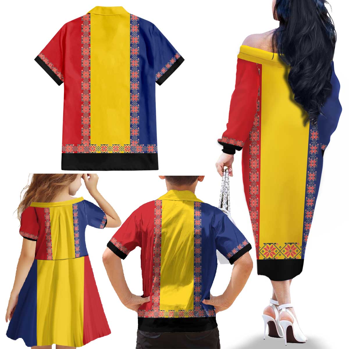 Romania National Flag Day 26th June Family Matching Off The Shoulder Long Sleeve Dress and Hawaiian Shirt Red Traditional Embroidery Patterns