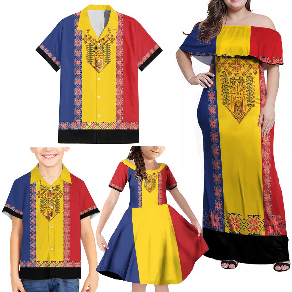 Romania National Flag Day 26th June Family Matching Off Shoulder Maxi Dress and Hawaiian Shirt Red Traditional Embroidery Patterns