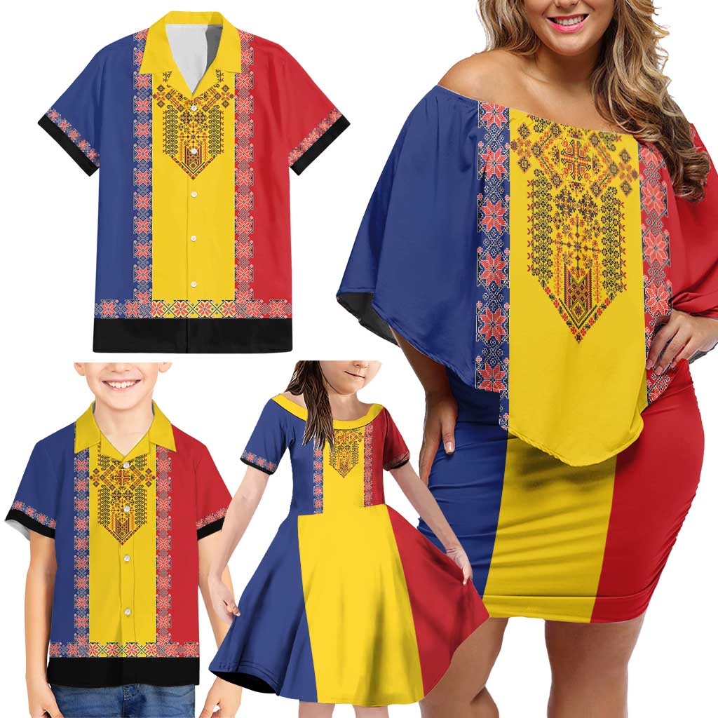 Romania National Flag Day 26th June Family Matching Off Shoulder Short Dress and Hawaiian Shirt Red Traditional Embroidery Patterns