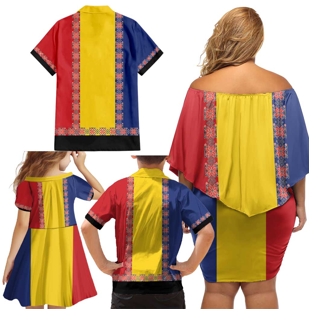 Romania National Flag Day 26th June Family Matching Off Shoulder Short Dress and Hawaiian Shirt Red Traditional Embroidery Patterns