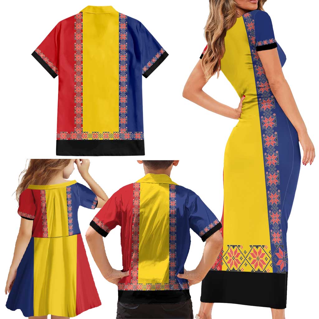 Romania National Flag Day 26th June Family Matching Short Sleeve Bodycon Dress and Hawaiian Shirt Red Traditional Embroidery Patterns