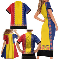 Romania National Flag Day 26th June Family Matching Short Sleeve Bodycon Dress and Hawaiian Shirt Red Traditional Embroidery Patterns