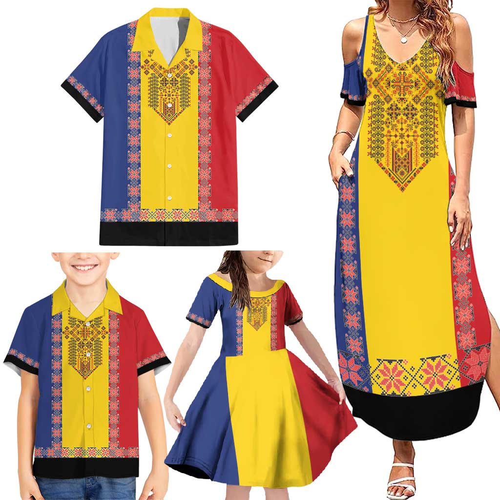 Romania National Flag Day 26th June Family Matching Summer Maxi Dress and Hawaiian Shirt Red Traditional Embroidery Patterns